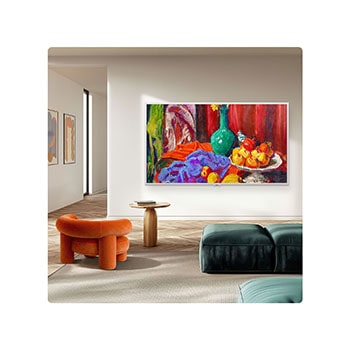 LG Gallery TV AI with frame LX7 ART TV is wall-mounted in the living room with a Snow White Attachable Frame. On the screen is a still-life painting that makes the room look like a gallery.